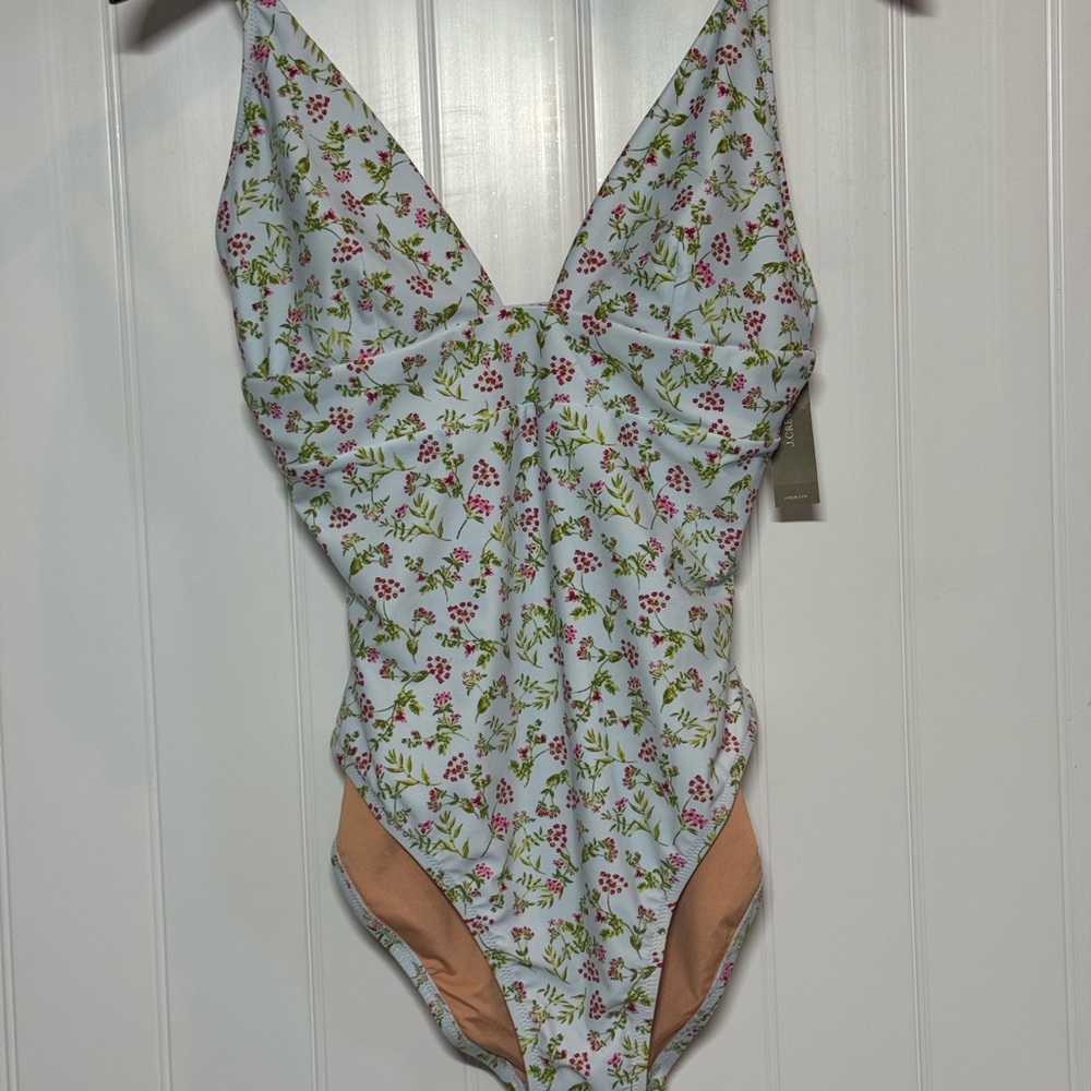 J. Crew Blue One-Piece Swimsuit with Pink Floral Print Women’s  SZ 10